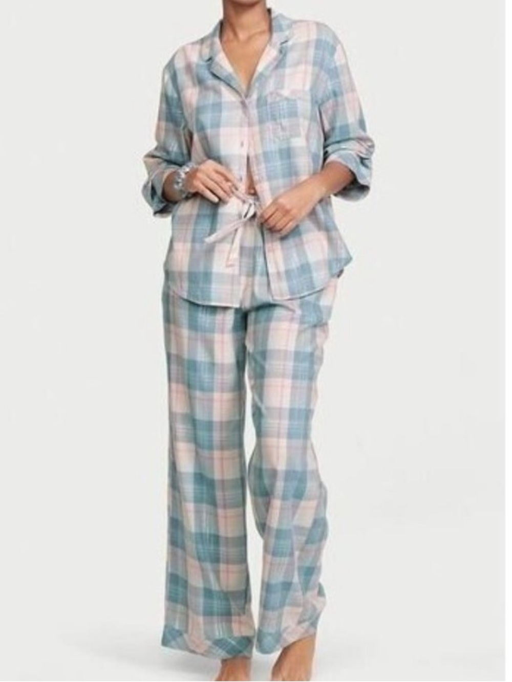 Victorias Secret Flannel Pajama Set Women XS Blue Pink Plaid Top Pants Sleepwear